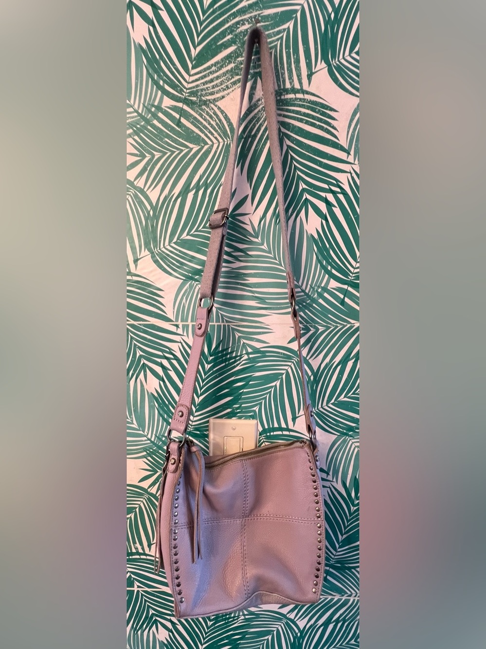 The Sak muted leather Lavender hobo Studded Crossbody Bag w/ fringe key charm